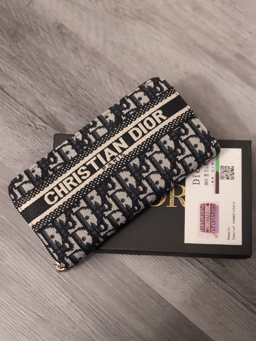 Christian Di Or  Monogram Zip Wallet in Navy and Cream